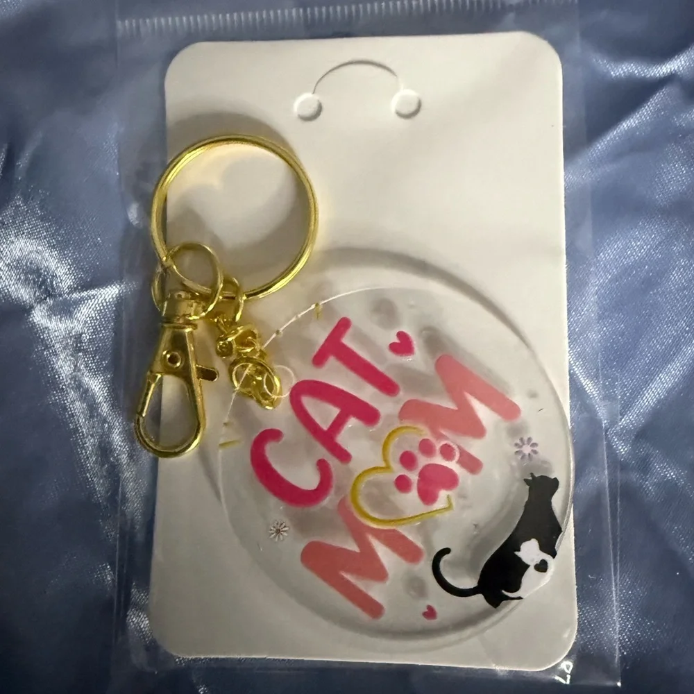 Cat Mom Keychain with Gold Accents